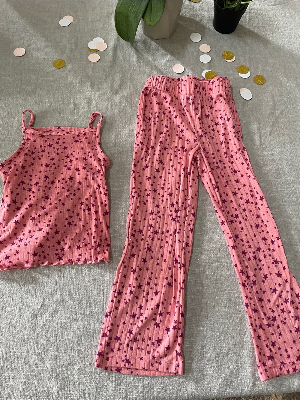 Lands' End Pink Star-Print Ribbed Pajama Tank & Pants